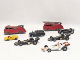 A collection of model cars including 2 vintage Dinky Fire Engines for Meccano, etc