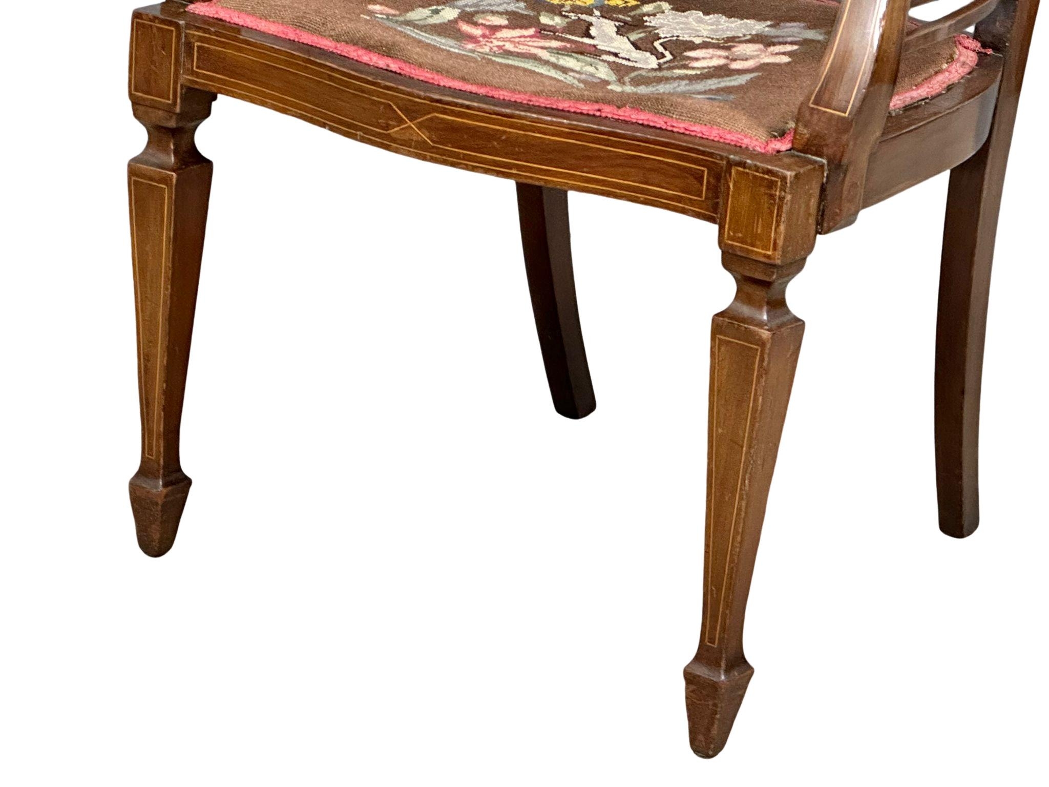An Edwardian inlaid mahogany armchair with tapestry seat. 59x53x100cm(3) - Image 4 of 5