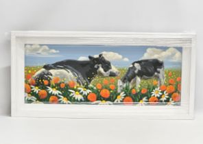 A large oil painting on board by Ron Keefer. Cows in the Field. 75x29cm. Frame 87.5x41cm