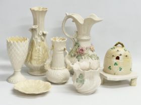 A collection of 4th period Belleek pottery. Honey pot 15x16cm. Jug 23cm.