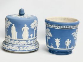 Large late 19th century Jasperware. A large Jasperware cheese dome and a jardiniere by Wedgwood.