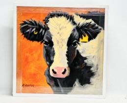 A large oil painting on board by Ron Keefer. Orange Cow. 60x60cm. Frame 64.5x64.5cm