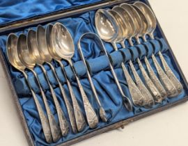 A set of late 19th century silver spoons and tongs in case by James Wakely & Frank Clarke Wheeler.