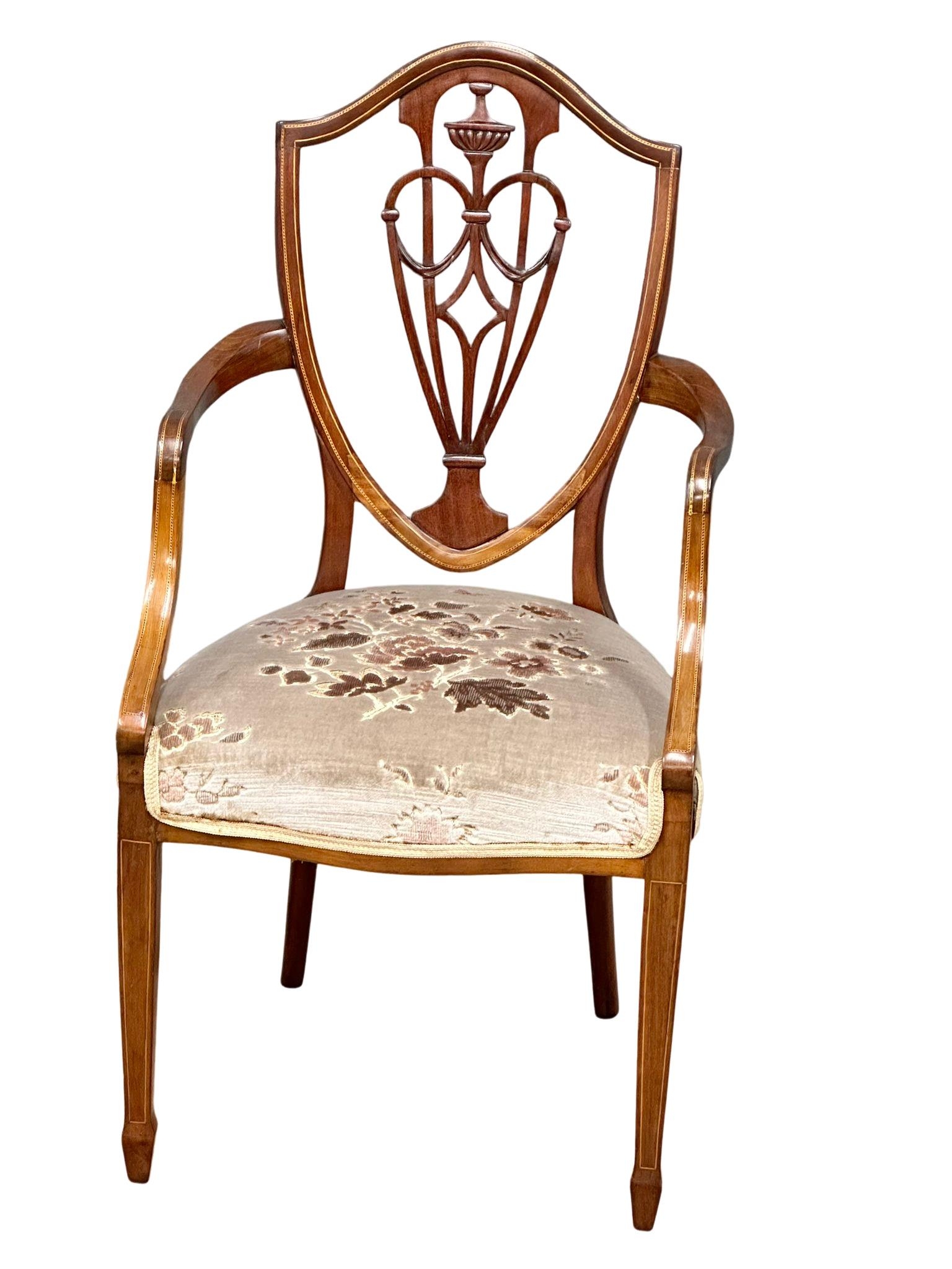 A good quality early 20th century Sheraton Revival inlaid mahogany armchair. Circa 1900-1910(3)