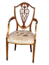 A good quality early 20th century Sheraton Revival inlaid mahogany armchair. Circa 1900-1910(3)