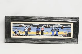 A large oil painting on board by Mary Lou. Sailors and the Dock. 90.5x19.5cm. Frame 112x41cm