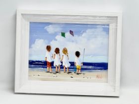 An oil painting on board by Michelle Carlin. Playing With Kites on the Beach. 39x30cm. Frame 52x41.