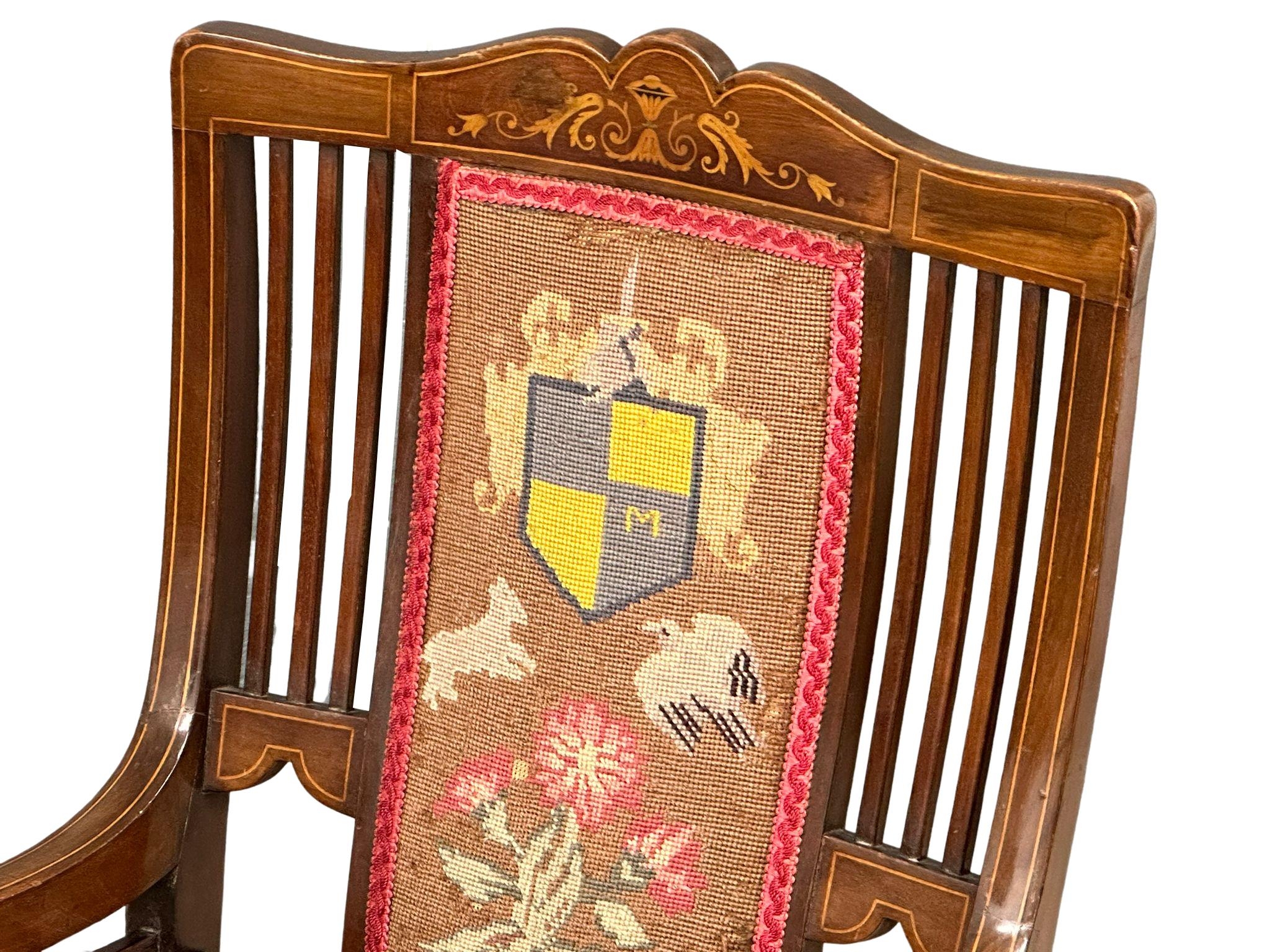 An Edwardian inlaid mahogany armchair with tapestry seat. 59x53x100cm(3) - Image 3 of 5