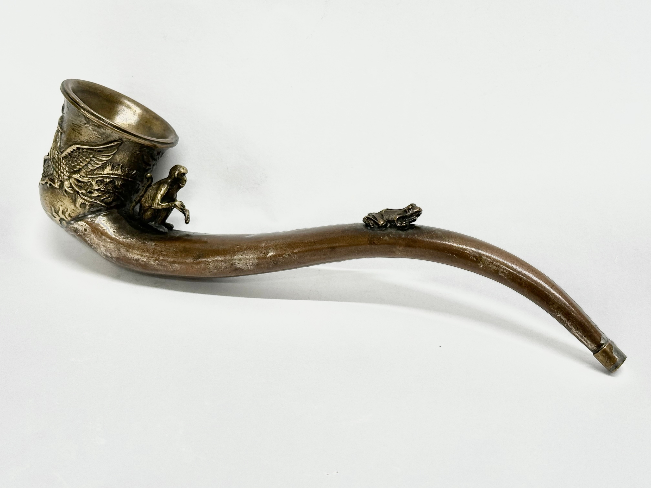 An early 20th century Chinese novelty dragon design opium pipe, with good quality carved monkey - Image 2 of 6