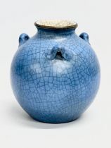 A 20th century Chinese blue Crackle Glazed 3 handled ring pot. Impressed mark on rear. 17x18cm