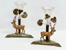 A pair of early 20th century Toleware Stag Epergne’s with pressed glass flute branches. Circa 1900-