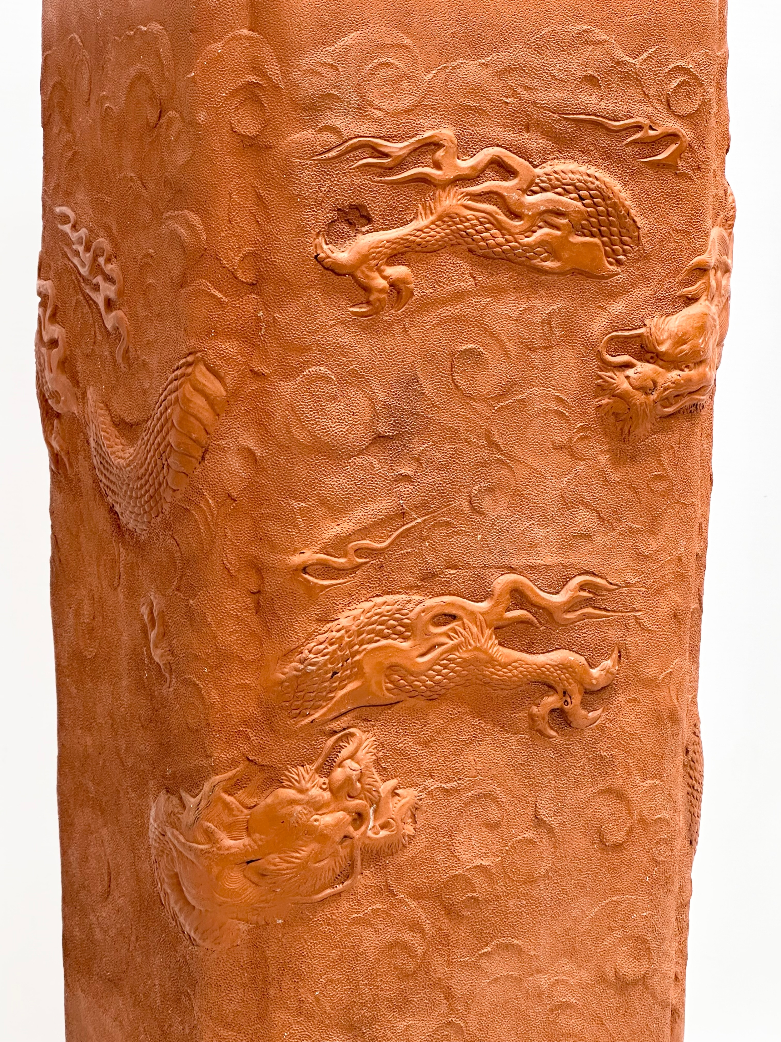 A Chinese terracotta stick stand/planter with dragon motif and Greek Key decoration. 21x21x61cm - Image 5 of 8