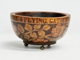 An early 20th century Irish Pokerwork bowl on brass feet. Gather ye Rosebuds While Ye May Old Time