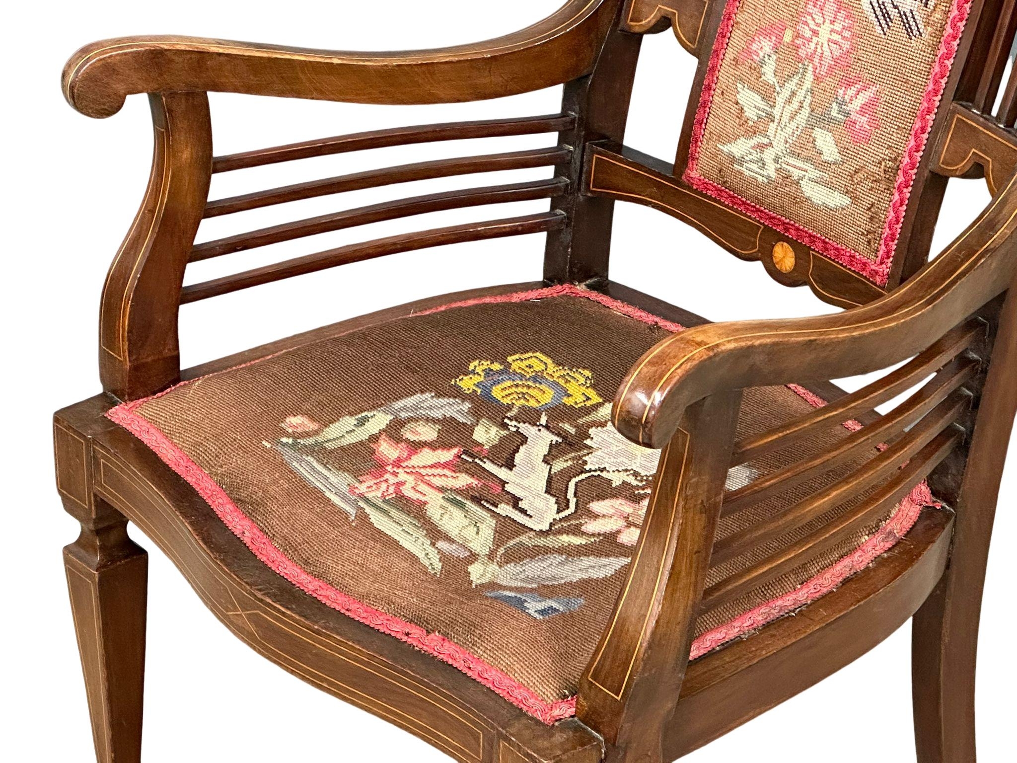An Edwardian inlaid mahogany armchair with tapestry seat. 59x53x100cm(3) - Image 5 of 5