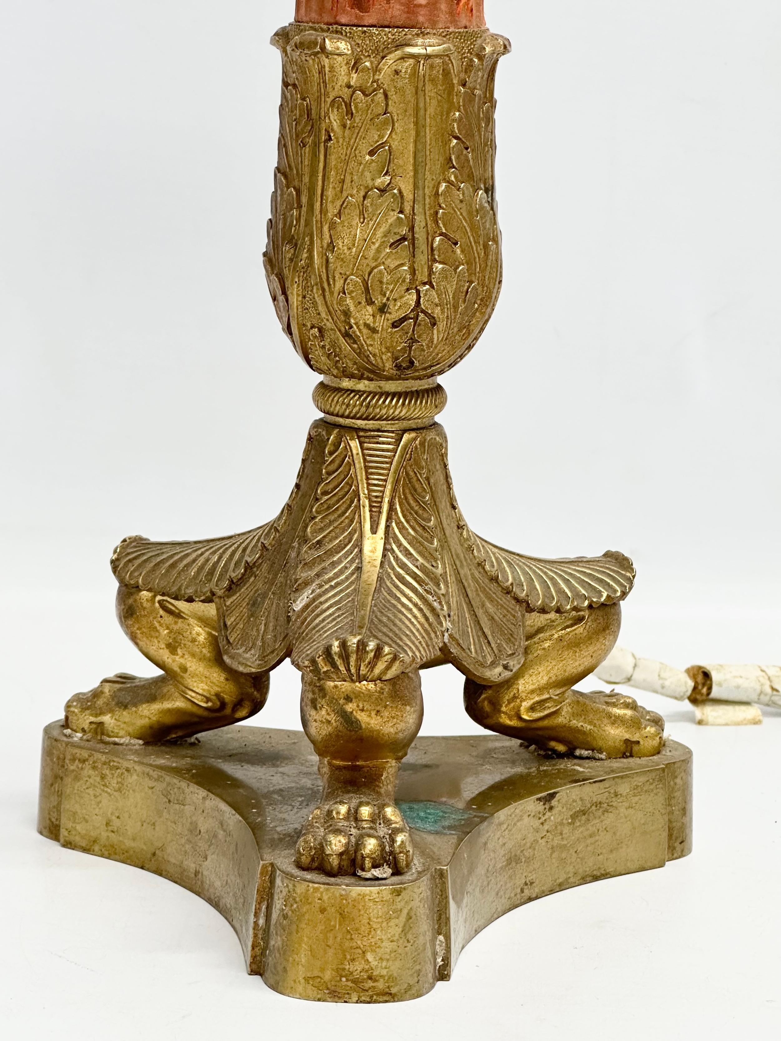 A good quality early 20th century French Empire style brass table lamp with 3 paw feet. Circa - Image 2 of 5