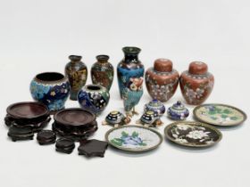 A collection of late 19th and 20th century cloisonné enamel ware. Cloisonné owl 8cm. Pair of