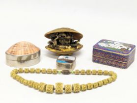 A quantity of vintage collectables including a Japanese diorama, trinket boxes, and a Chinese beaded