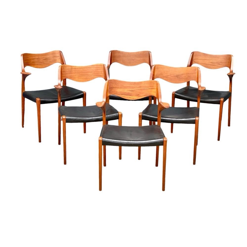 A set of 6 rare Danish Mid Century teak carver chairs designed by Niels Otto Moller for J.L. Moller.