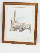 A large signed print by Paul Hogan. The Ponte Vecchio and Arnolfo Tower, Florence. Published by