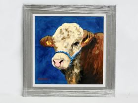 A large oil painting on board by Ron Keefer. Blue Cow. 59.5x59.5cm. Frame 80x80cm