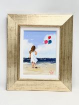An oil painting on board by Michelle Carlin. Balloon on the Beach. 21x29cm. Frame 43x50.5cm