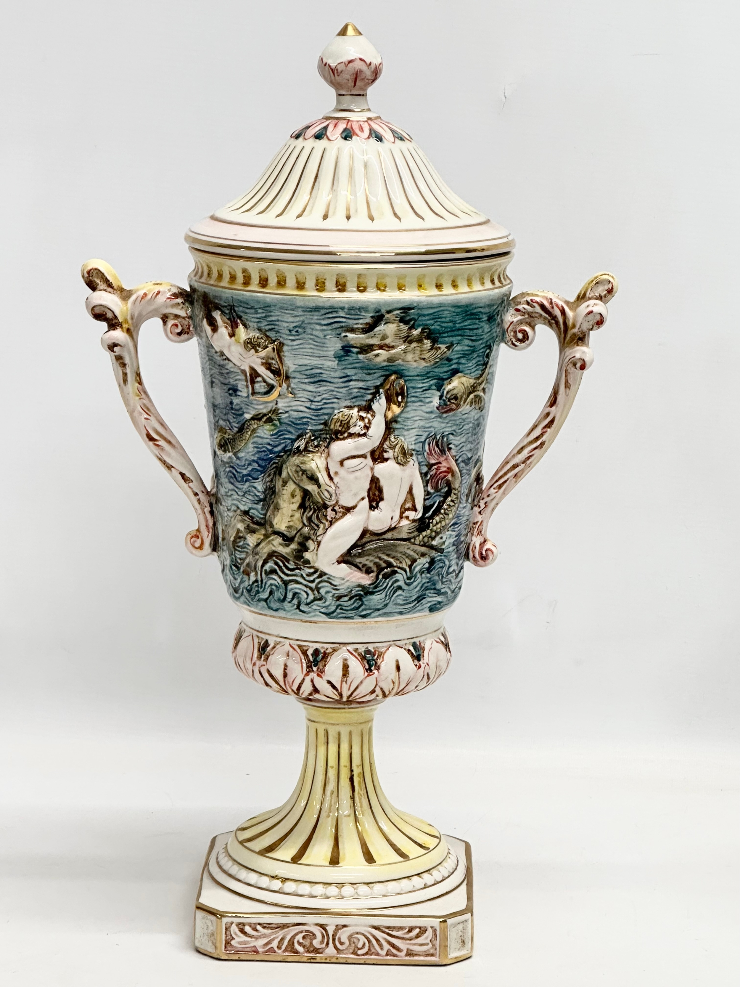 A large R. Capodimonte 2 handled urn with lid. 25x46cm