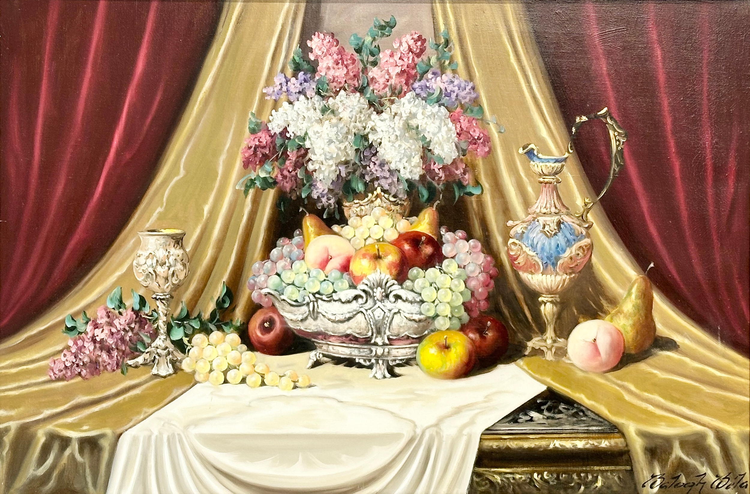 A large Still Life oil painting on canvas by Bela Balogh. 91x60cm. Frame 106x75cm - Image 3 of 7