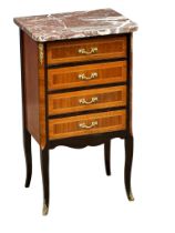 A French 18th Century style Inlaid chest of drawers with marble top and brass ormolu mounts, 39.