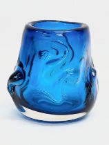 A Blue ‘Knobbly’ Glass vase designed by Geoffrey Baxter for Whitefriars. 13x13cm