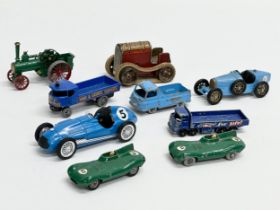 A collection of vintage cars. German tinplate Gama tractor, Lesney D.Type Jaquars, Lesney ERF 68G