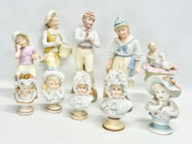 A collection of late 19th century German bisque figurines. Largest pair 32cm