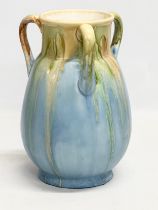 An English 3 handled Drip Glazed vase. Early/mid 20th century. Faded makers mark. 17x25.5cm