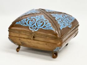 A late 19th century copper and enamel sewing box/storage box. 16x17x10.5cm