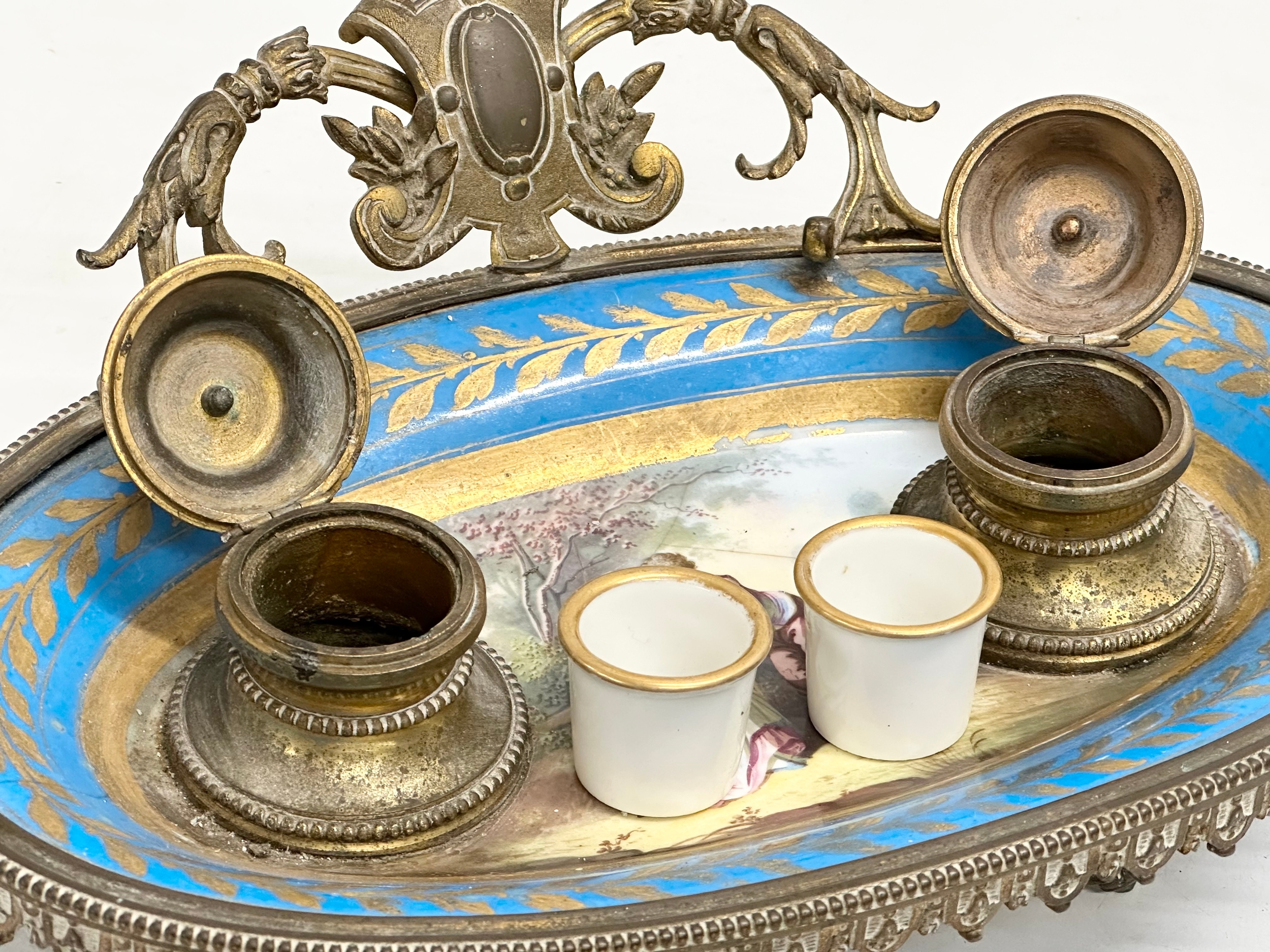 A late 19th century French ornate brass framed inkwell stand with hand painted porcelain bowl. - Image 6 of 12