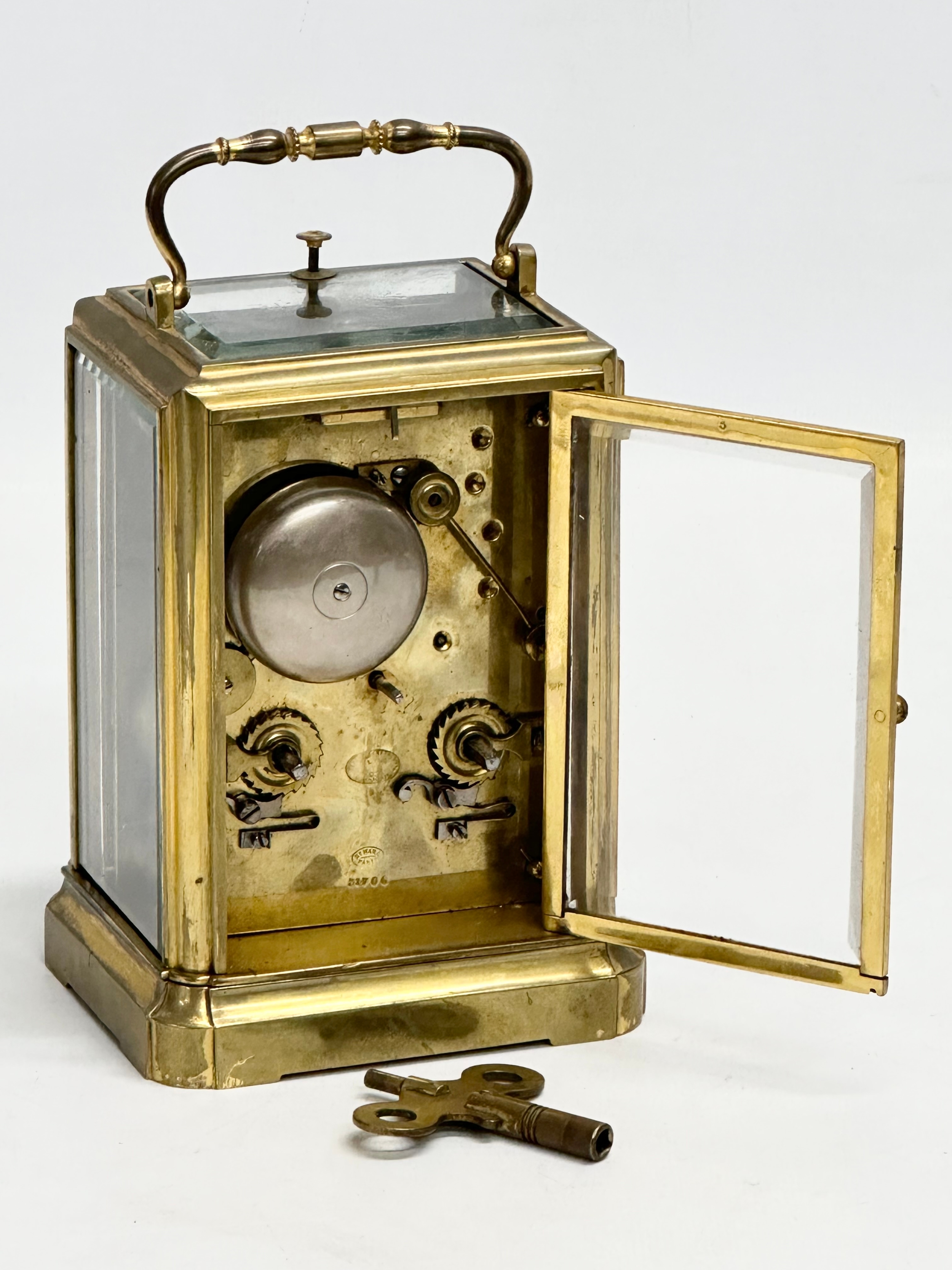 A rare mid 19th century Henry Marc brass Time Repeater Carriage Clock with 4 bevelled glass panels - Image 4 of 6