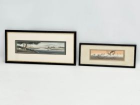 2 early/mid 20th century signed Japanese watercolour drawings. 29x6.5cm. Frame 43x20cm