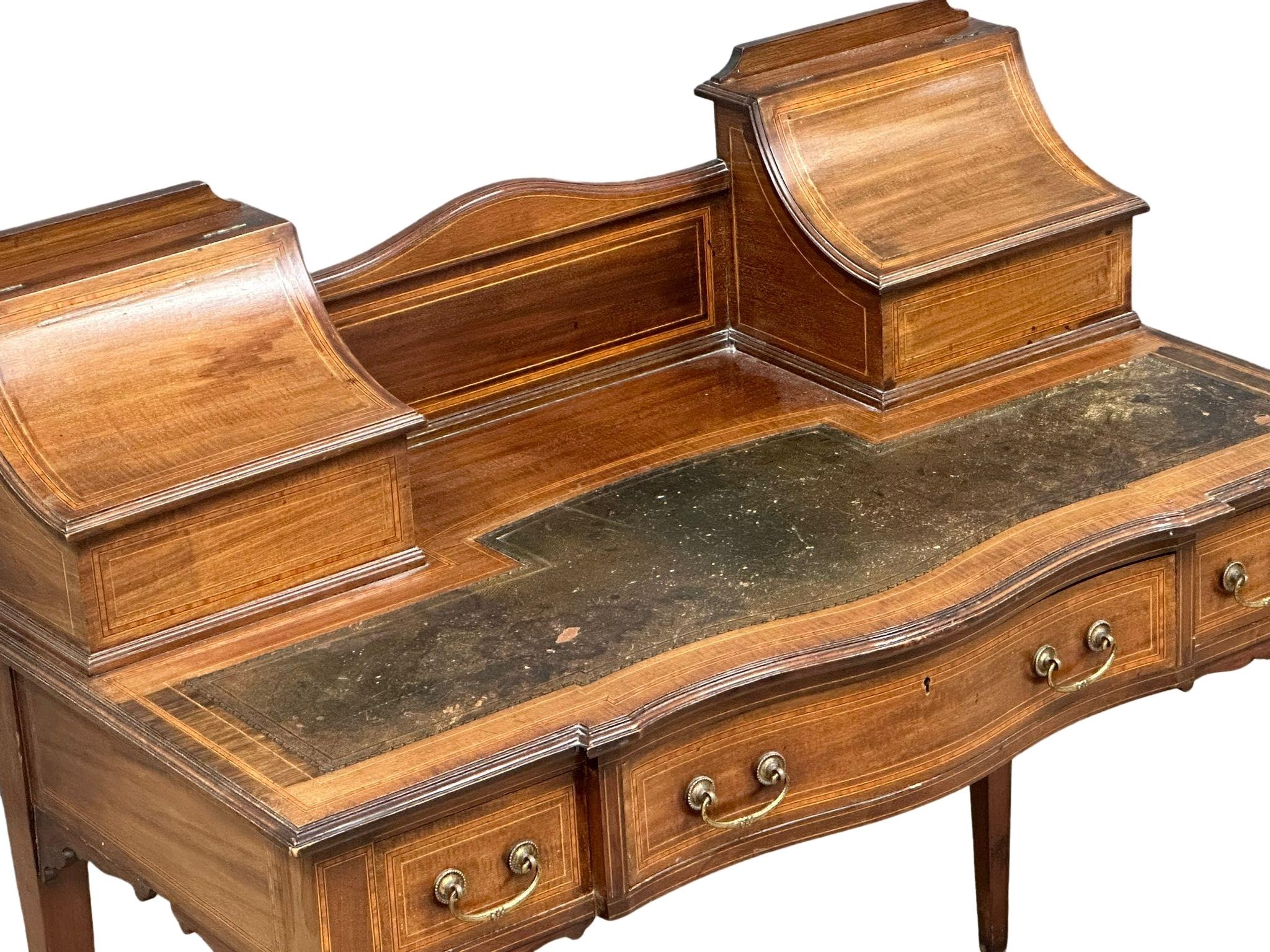 An early 20th century Sheraton Revival inlaid mahogany writing desk with leather top and 3 - Image 2 of 7