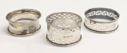 3 silver napkin rings. 1 by William Adams Ltd, Birmingham, 1939. 1 by John Rose, Birmingham, 1940. 1