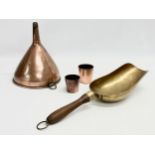 A Victorian copper wine funnel and a Victorian brass flour scoop/grain scoop. 43cm