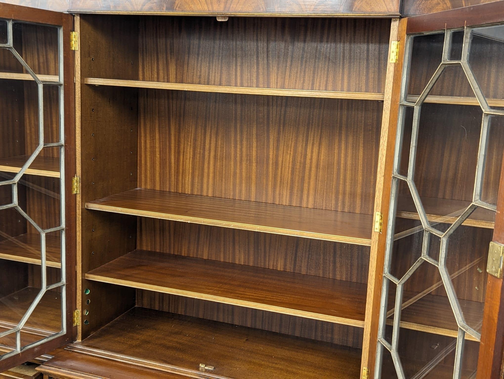 A large Georgian style mahogany secretaire breakfront bookcase with astragal glazed doors and - Image 7 of 10