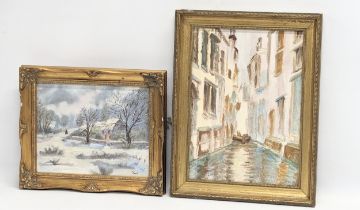 2 vintage gilt framed oil paintings, signed J. Moore, and G. Wilding, Venice, 1986. Largest measures