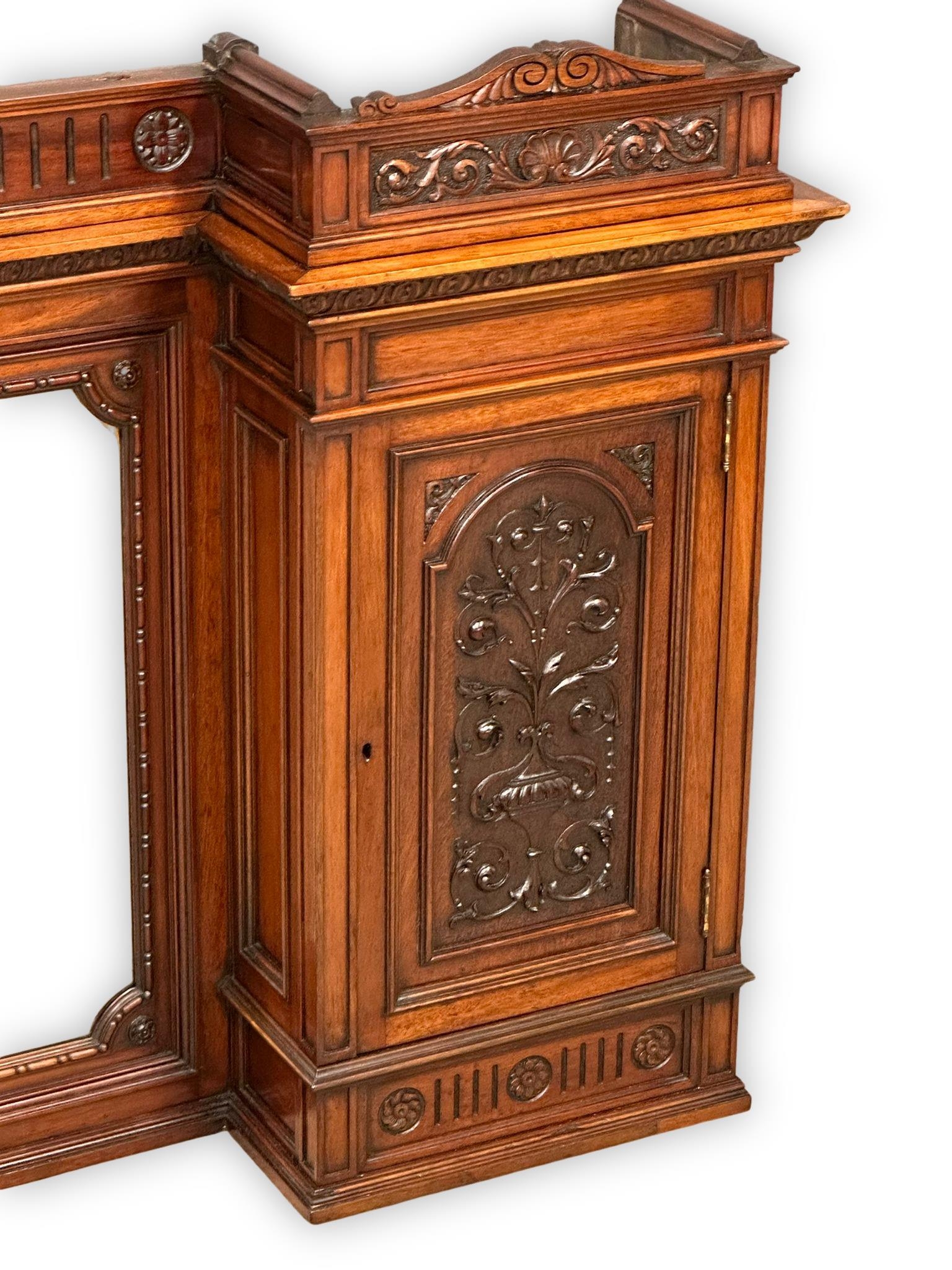 A large late Victorian carved walnut mirror back over-mantle/wall hanging cabinet. Circa 1880. - Image 4 of 5