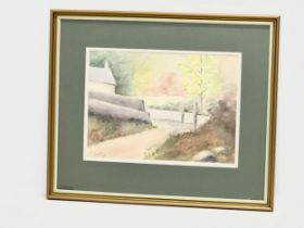 A watercolour drawing by P. Armstrong. Cottage Lane. 35.5x25cm. Frame 54x45cm