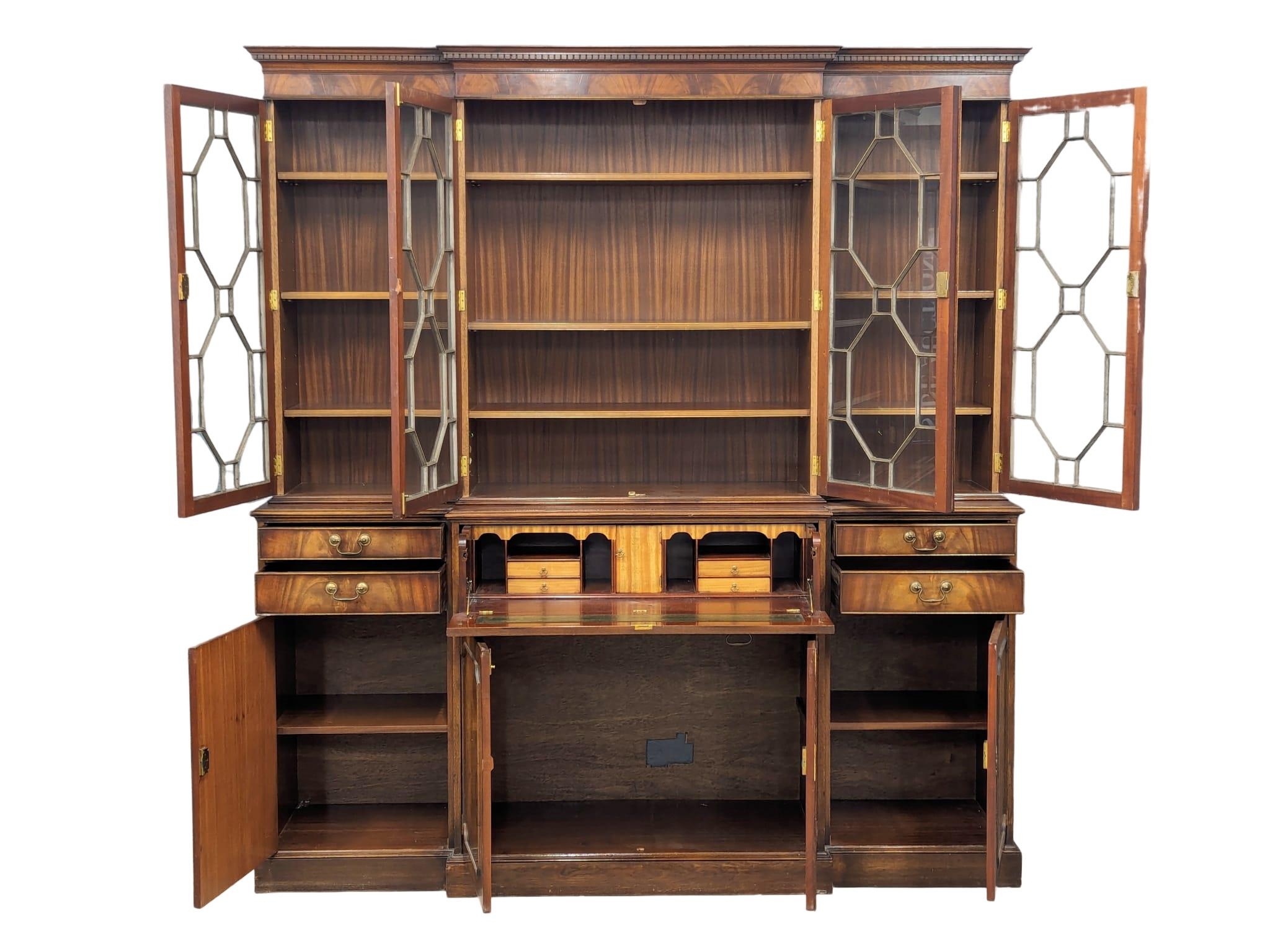 A large Georgian style mahogany secretaire breakfront bookcase with astragal glazed doors and - Image 9 of 10