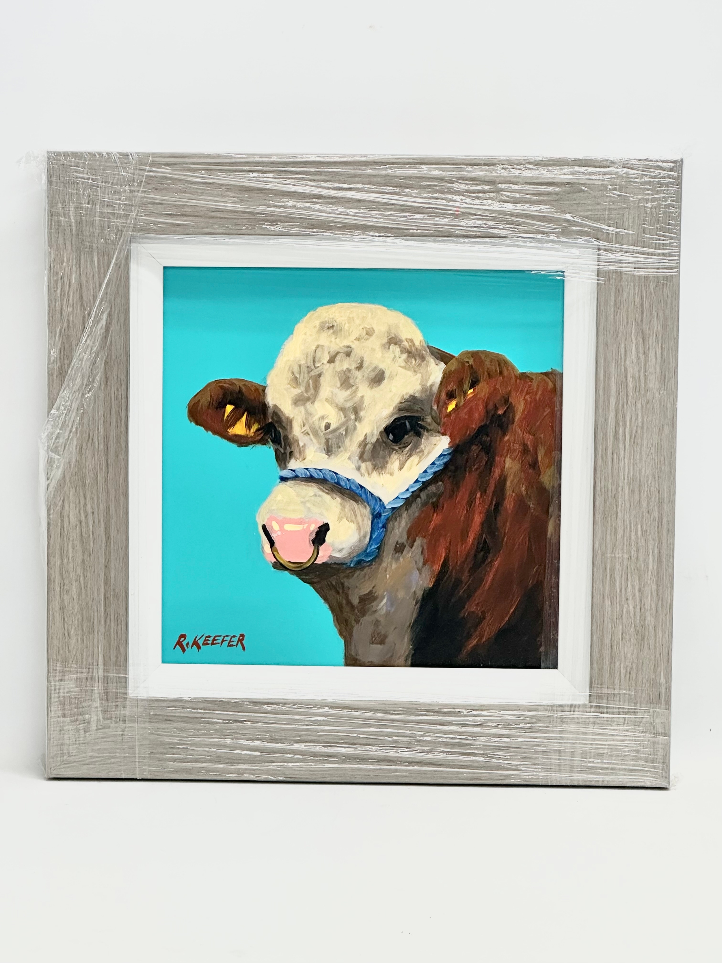 An oil painting on board by Ron Keefer. Turquoise Bull. 29.5x29.5cm. Frame 46x46cm