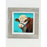 An oil painting on board by Ron Keefer. Turquoise Bull. 29.5x29.5cm. Frame 46x46cm