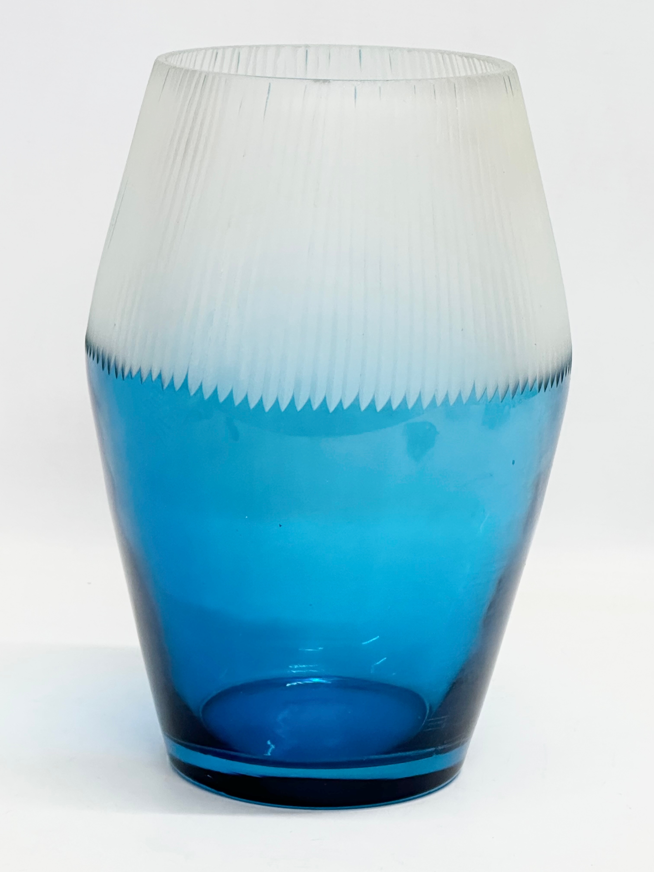 A large vintage blue and frosted glass vase. 1960-1970. 17x28cm
