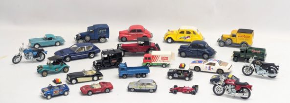 A collection of models cars, trucks, and motorbike. Corgi, Matchbox, Lledo, etc.