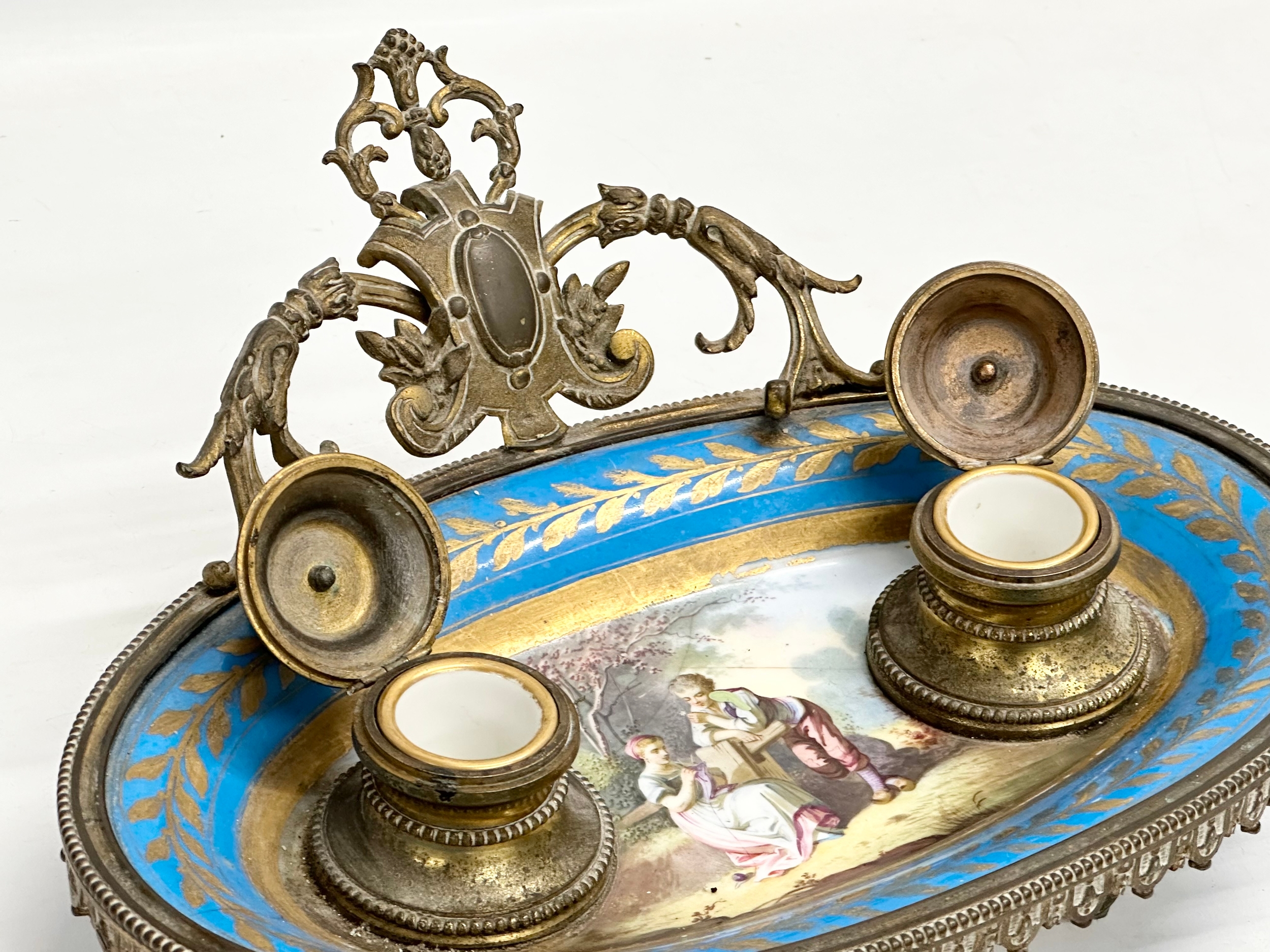 A late 19th century French ornate brass framed inkwell stand with hand painted porcelain bowl. - Image 5 of 12