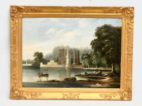 A large 19th century oil painting on canvas. Castle on the Lake. Continental. In original